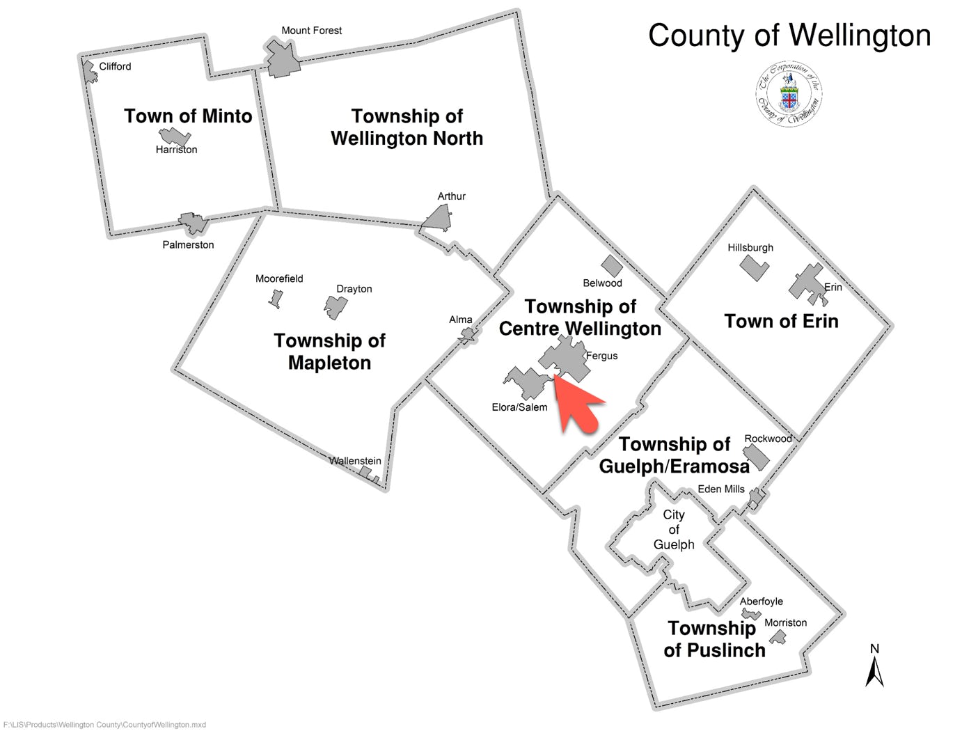 Map showing Wellington County's Townships