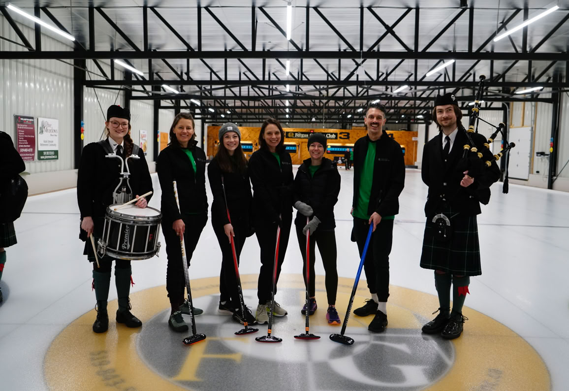 A 2024 Curl For A Cause team with members of the Fergus Pipe Band