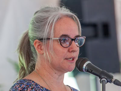 Aboyne Rural Hospice Co-Chair Dr. Sarah Gower speaking at Aboyne Rural Hospice Sept 15 Community Kick-off event