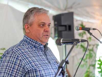Wellington County Warden Andy Lennox speaking at Aboyne Rural Hospice Sept 15th Community Kick-off event